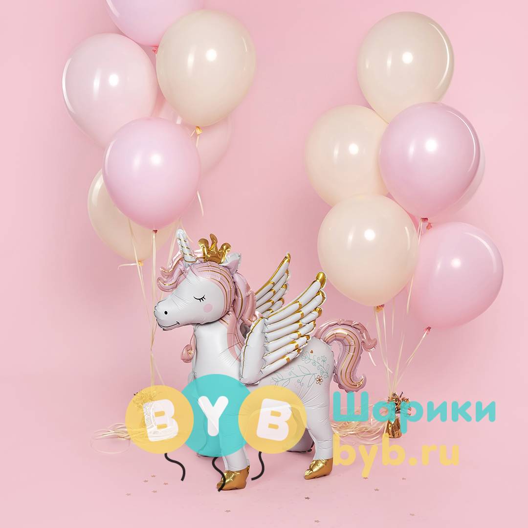 Шар фольгированный "Крылатый единорог, Розовый, Сатин"