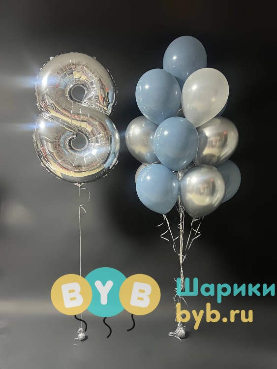 Сет из цифры и фонтана воздушных шаров "Индиго и серебро"