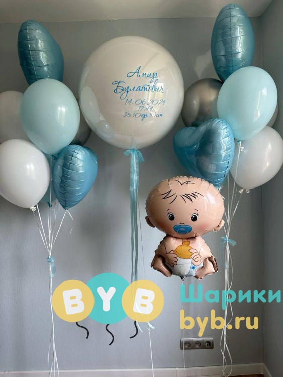 Шары для мальчика на выписку в белых и голубых цветах