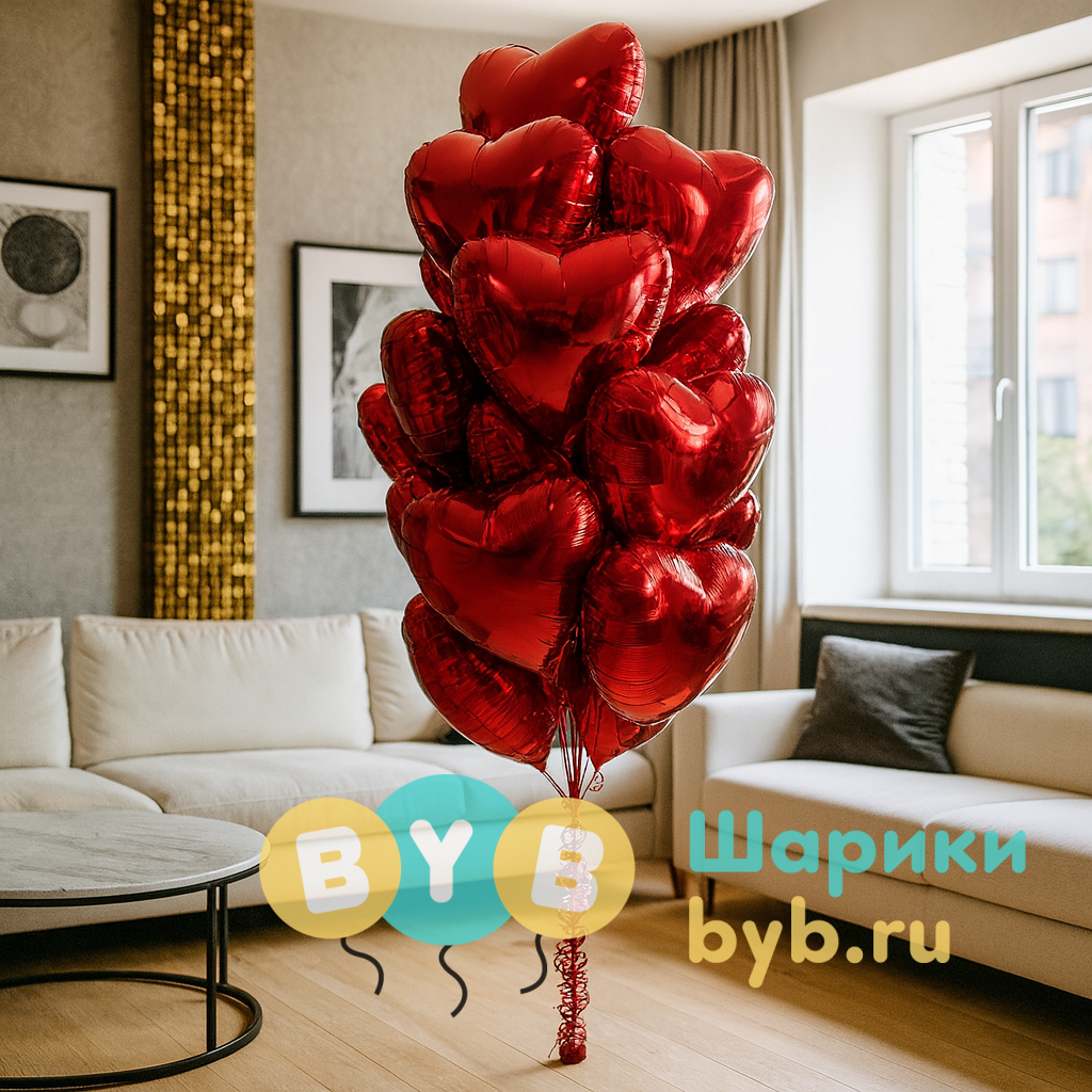 Фонтан из 19 фольгированных сердец