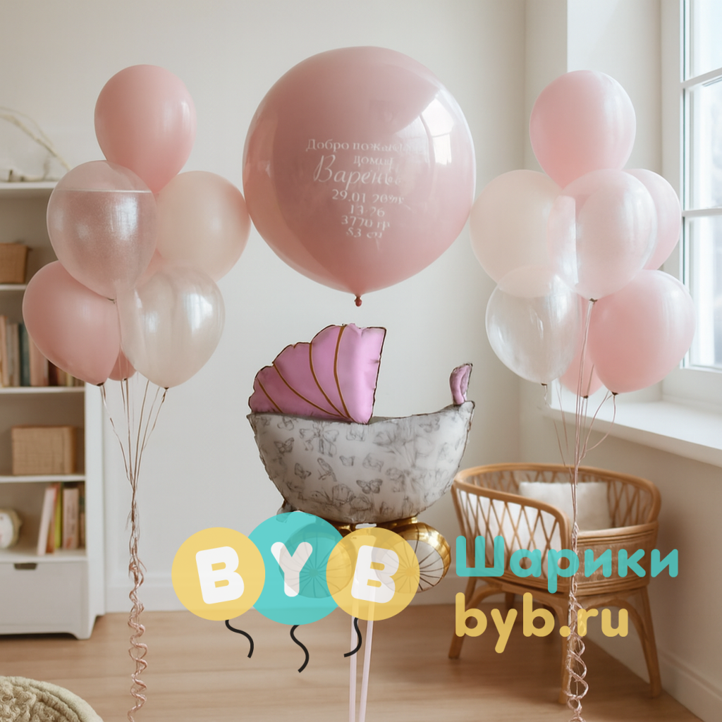 Комплект шаров на выписку девочки с метрикой "Нежность"