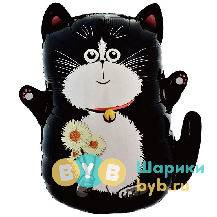 Шар фольгированный "Кот черный с букетом ромашек"