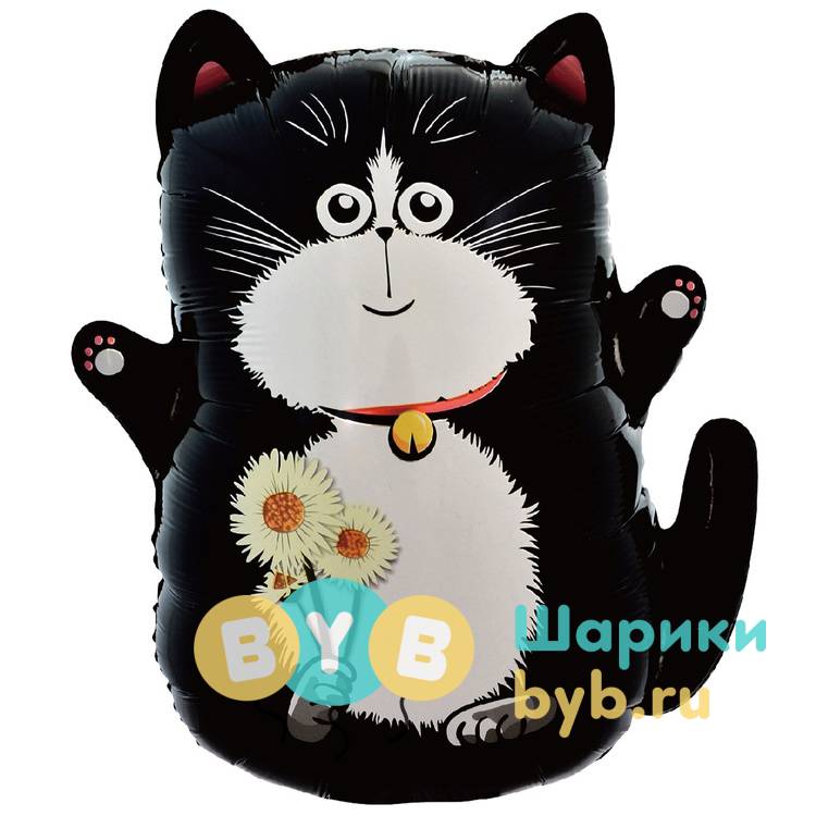 Шар фольгированный "Кот черный с букетом ромашек"