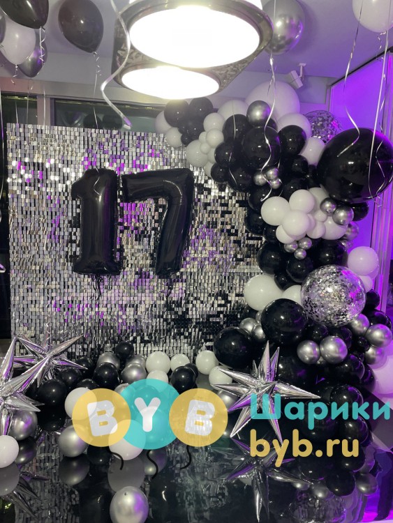 Фотозона из шаров с пайетками и зеркальным полом