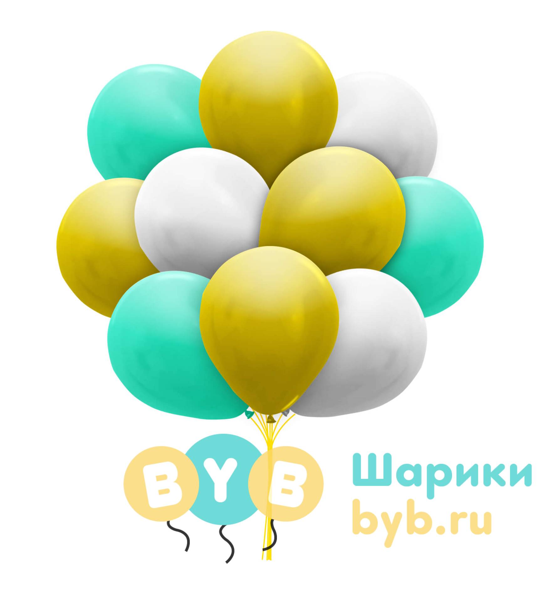 Облако шаров золотые, белые и тиффани (металлик)