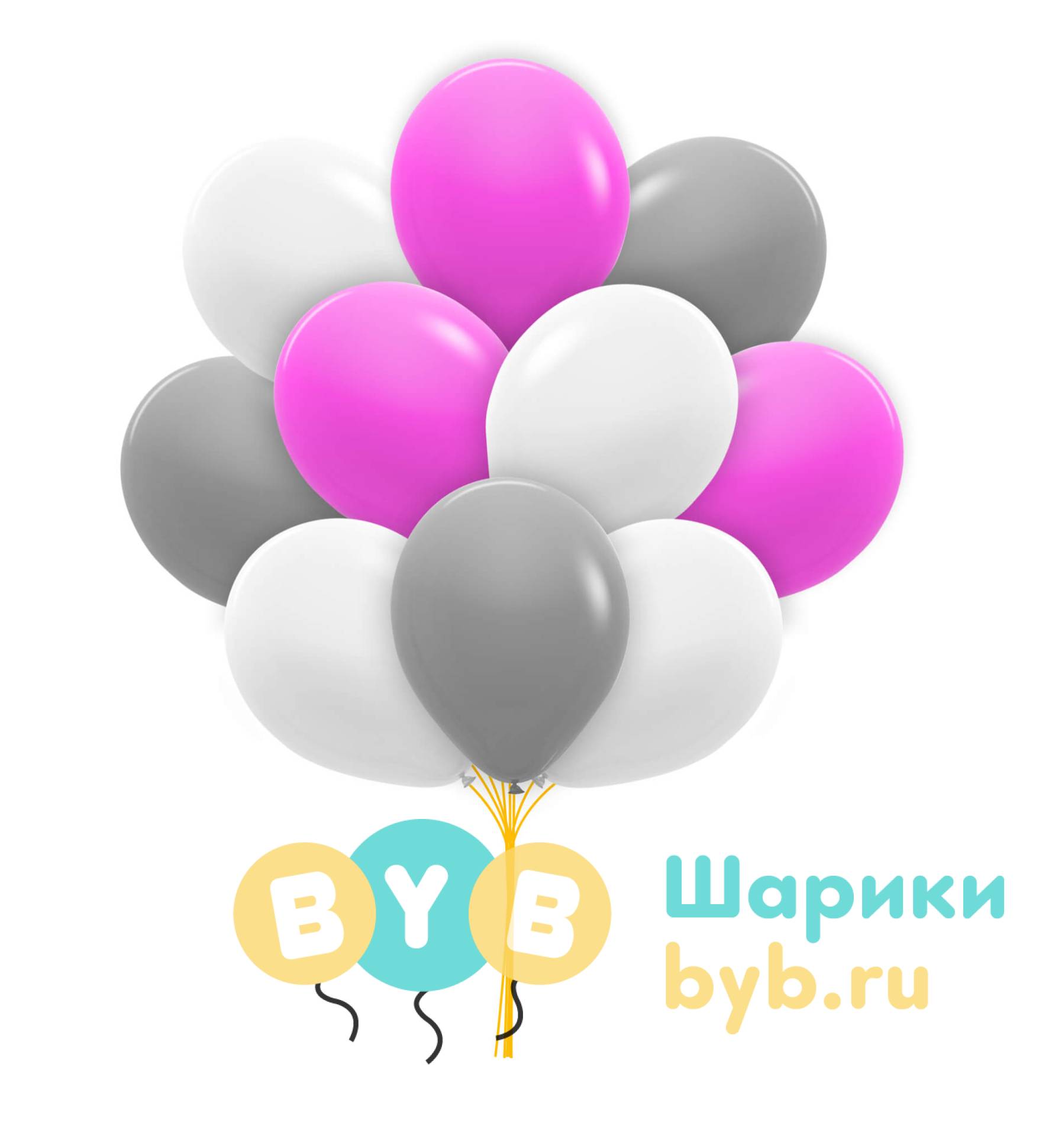 Облако шаров белые, серые и фуксия (пастель)