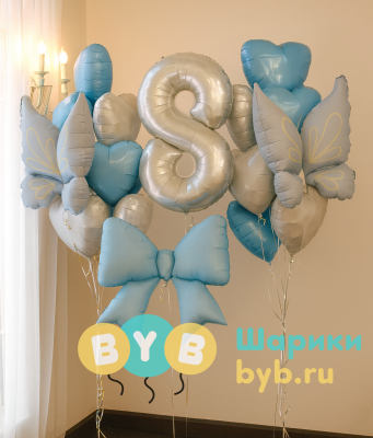 Комплект из фольгированных воздушных шаров с бабочками и бантом