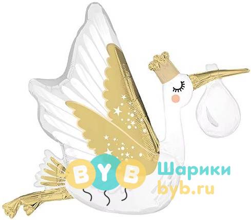 Шар фольгированный "Аист" золото