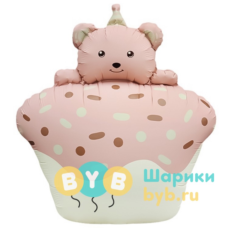 Шар фольгированный "Кексик с медвежонком, Сатин" розовый